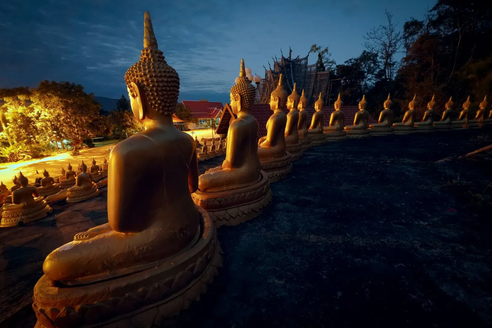 Une rangée de statues du Bouddha à Paksé au Laos.